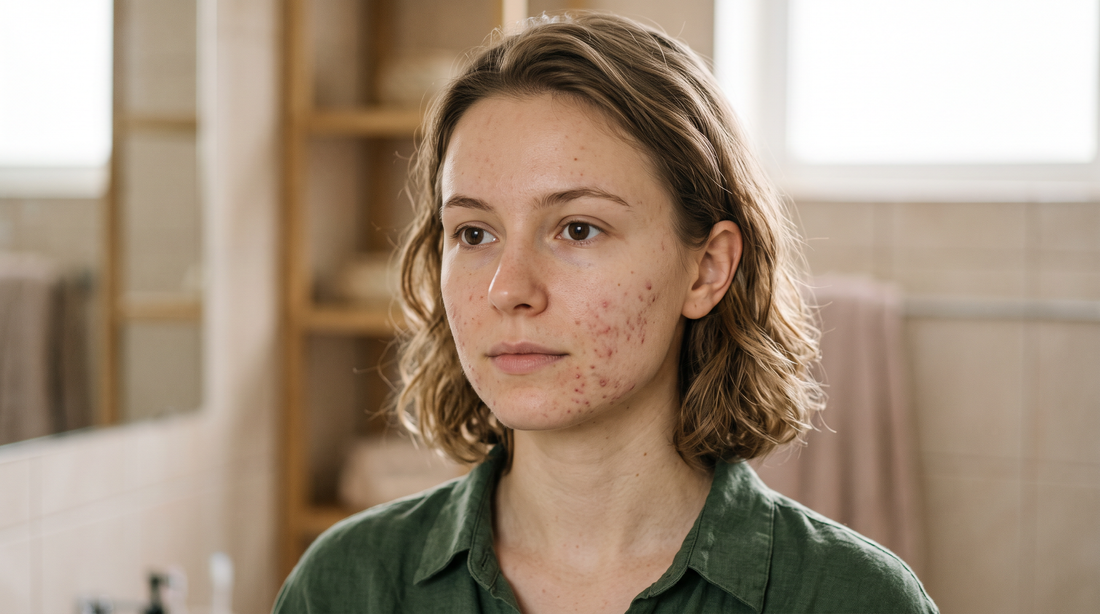 Jonge vrouw met milde acne in zacht daglicht