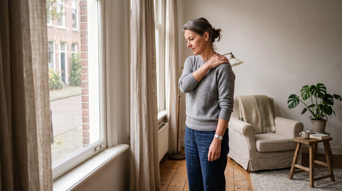 Vrouw draait rustig haar schouder bij het raam