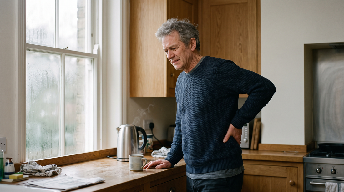 Man met een stijve onderrug aan het aanrecht in de ochtend
