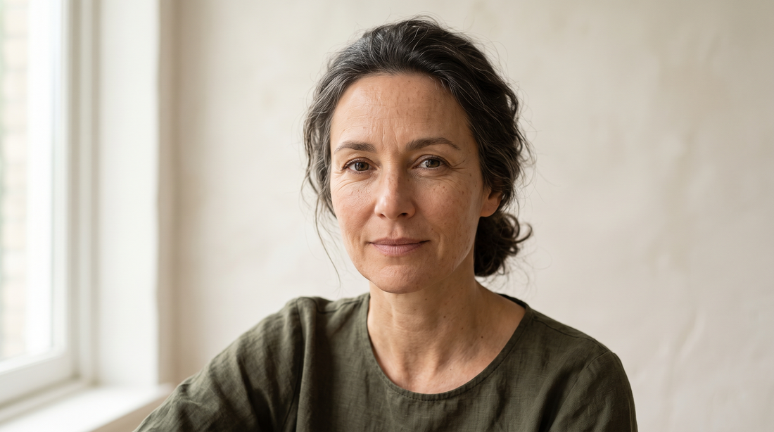 Portret van een vrouw van vijfenveertig met natuurlijke huid