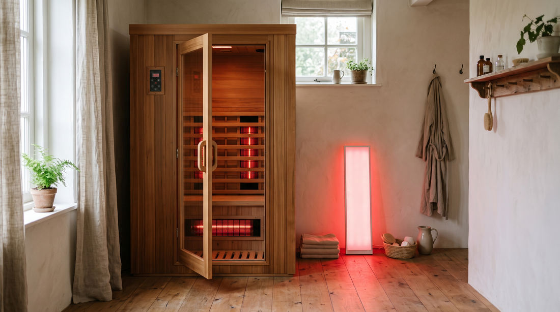 Infraroodsauna en roodlichtpaneel naast elkaar in een Nederlandse woning