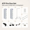 ATP Pro Duo Set: inhoud met twee 1500 panelen, standaard, afstandsbediening, koppelstuk, koord, veiligheidsbril, deurhaak en ophangset