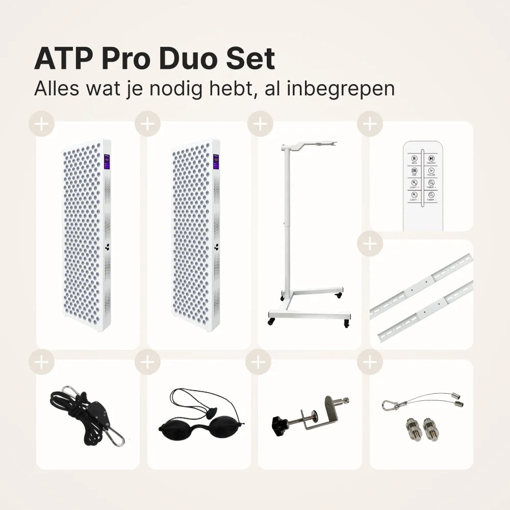 ATP Pro Duo Set: inhoud met twee 1500 panelen, standaard, afstandsbediening, koppelstuk, koord, veiligheidsbril, deurhaak en ophangset
