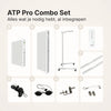 ATP Pure Combo Set inhoud: Pure 700 en Pure 1500 paneel, verrijdbare standaard, afstandsbediening, koppelstukken, touwophanging, beschermbril, deurhaak en ophangset