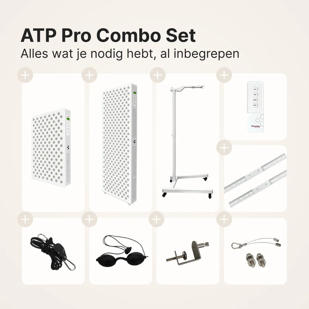 ATP Pure Combo Set inhoud: Pure 700 en Pure 1500 paneel, verrijdbare standaard, afstandsbediening, koppelstukken, touwophanging, beschermbril, deurhaak en ophangset