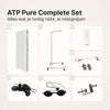ATP Pure Complete Set inhoud: Pure 1500 paneel, verrijdbare standaard, afstandsbediening, ophangset, touwophanging, beschermbril en deurhaak