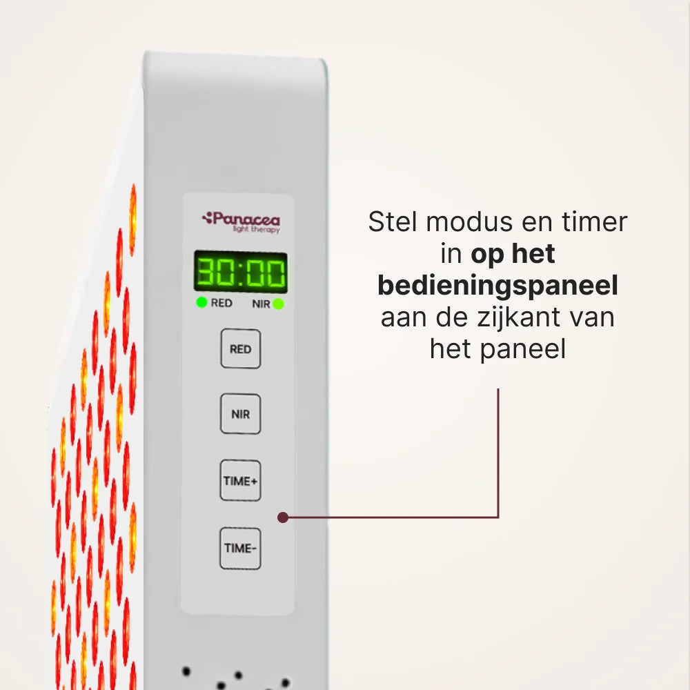 Bedieningspaneel aan de zijkant van de ATP Pure 1500 met display en knoppen RED, NIR, TIME+ en TIME-