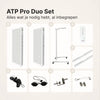ATP Pure Duo Set inhoud: twee Pure 1500 panelen, verrijdbare standaard, afstandsbediening, koppelstukken, touwophanging, beschermbril, deurhaak en ophangset