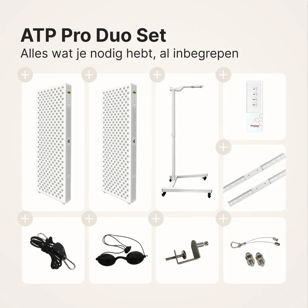 ATP Pure Duo Set inhoud: twee Pure 1500 panelen, verrijdbare standaard, afstandsbediening, koppelstukken, touwophanging, beschermbril, deurhaak en ophangset