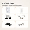 ATP Pro 1500: inbegrepen accessoires, paneel met standaard, afstandsbediening, veiligheidsbril, ophangkabel, verstelbaar koord en deurhaak