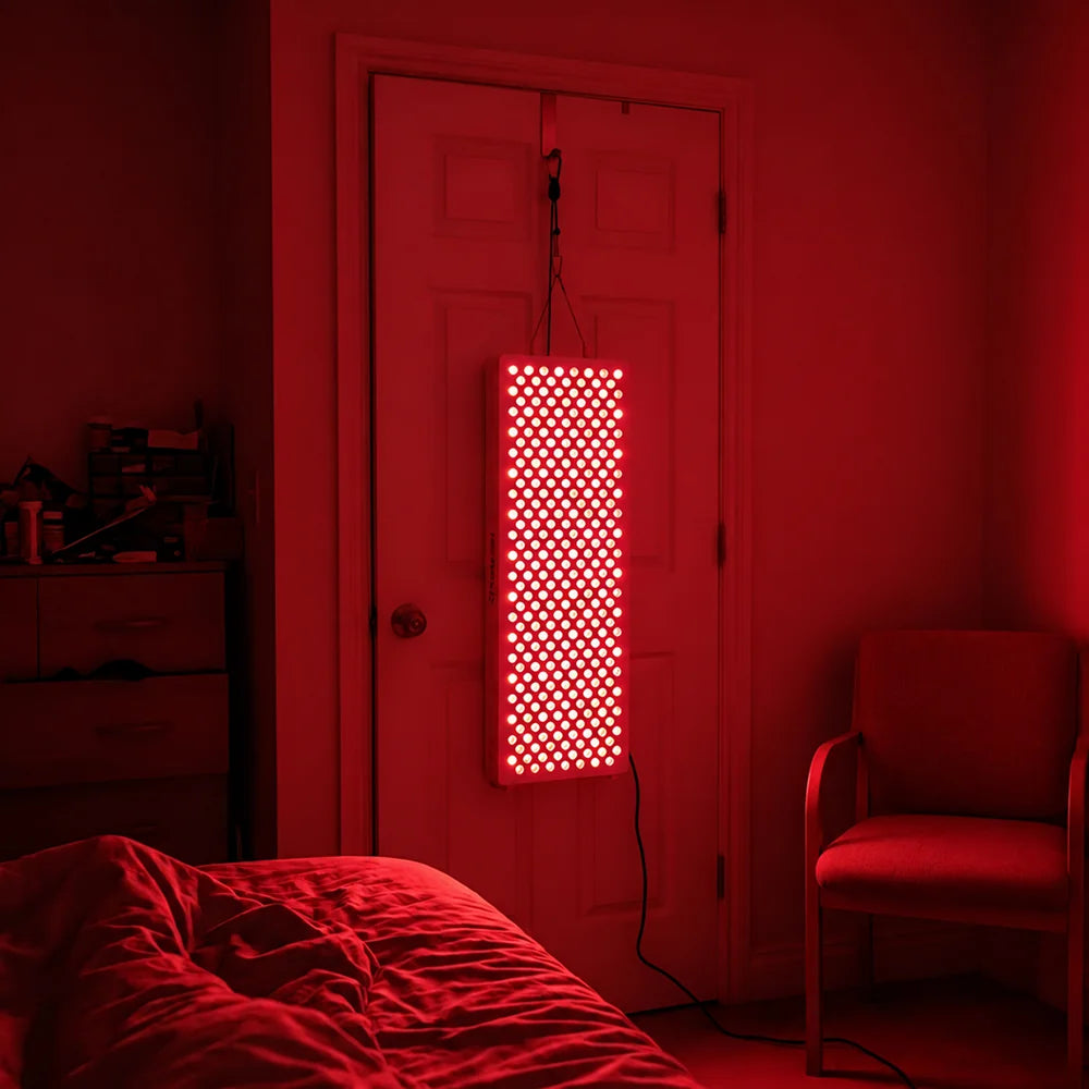 ATP Pure 1500 aan de deurhaak opgehangen in een slaapkamer met rood licht aan