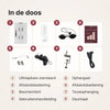 ATP Pure 1500 in de doos: paneel met uitklapbare standaard, afstandsbediening, beschermbril, handleiding, ophangset, touwophanging, deurhaak en stroomkabel
