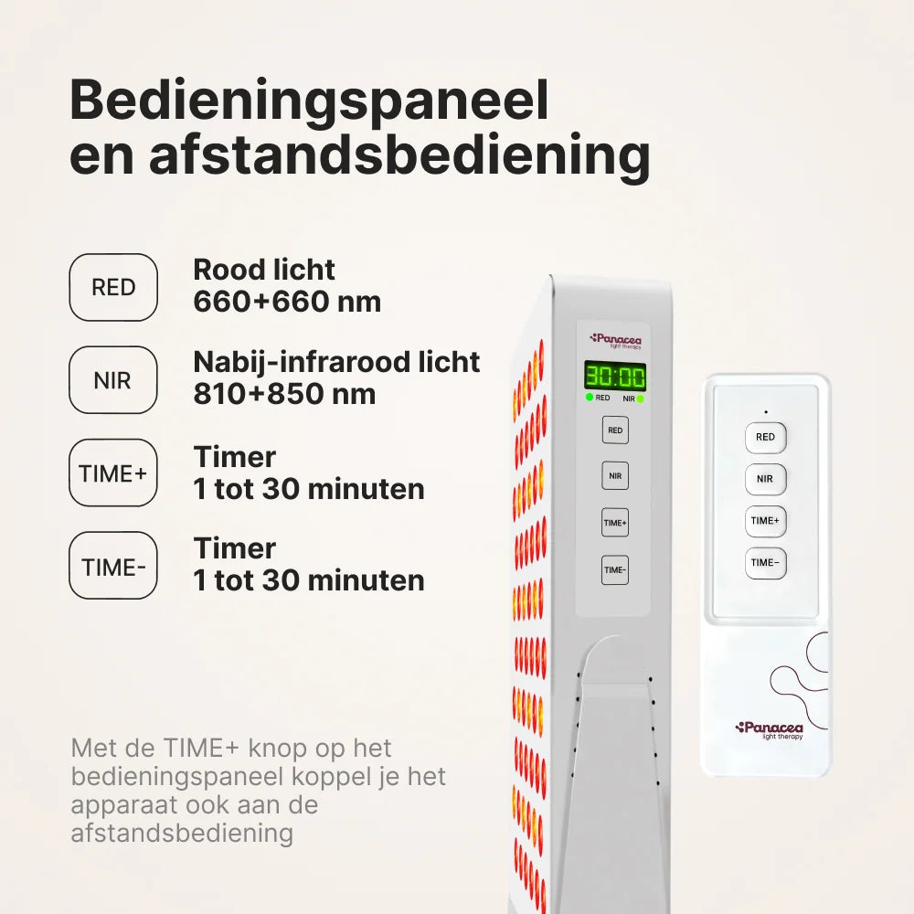 ATP Pure 300 bedieningspaneel en afstandsbediening: rood licht 660 nm, nabij-infrarood 810 en 850 nm, timer van 1 tot 30 minuten