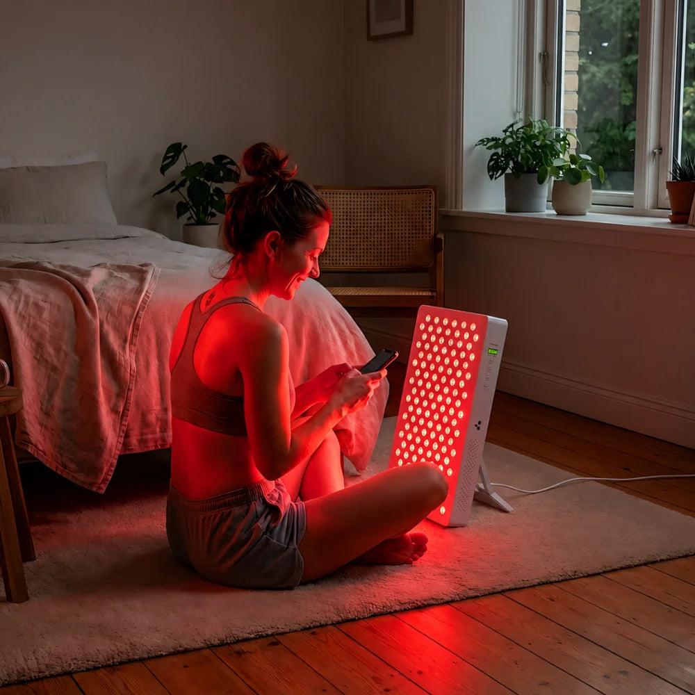 Vrouw zit in kleermakerszit op de slaapkamervloer voor de ATP Pure 700, rood licht aan