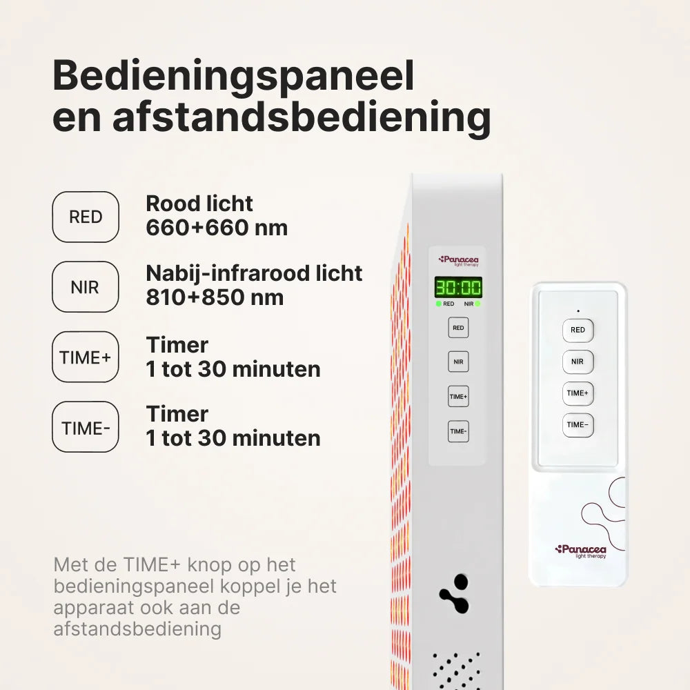 ATP Pure 700 bedieningspaneel en afstandsbediening: rood licht 660 nm, nabij-infrarood 810 en 850 nm, timer van 1 tot 30 minuten