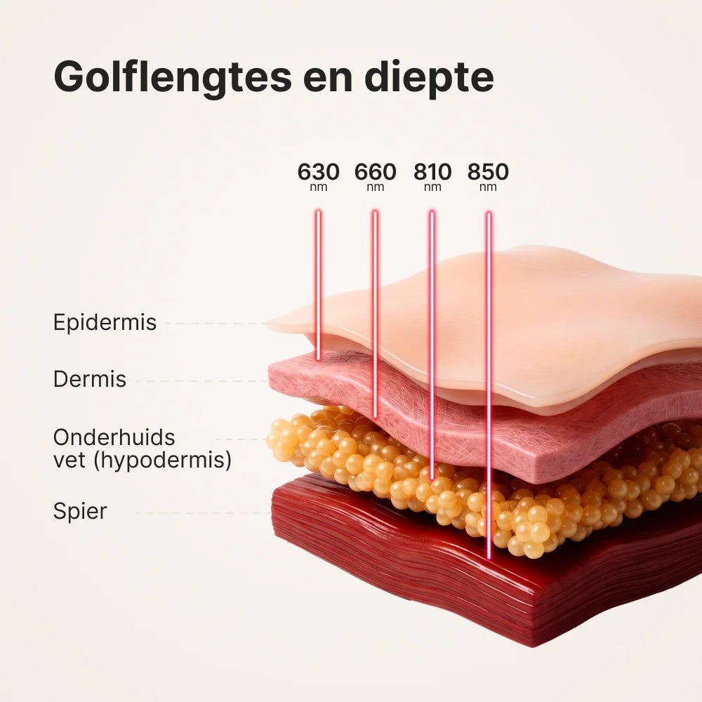 ATP Pure 700 golflengtes en diepte: 630, 660, 810 en 850 nm door epidermis, dermis, onderhuids vet en spier