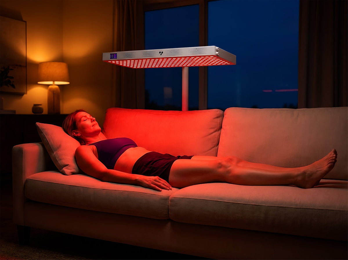 Frau liegt abends auf dem Sofa unter einem ATP Pro-Panel in horizontaler Position