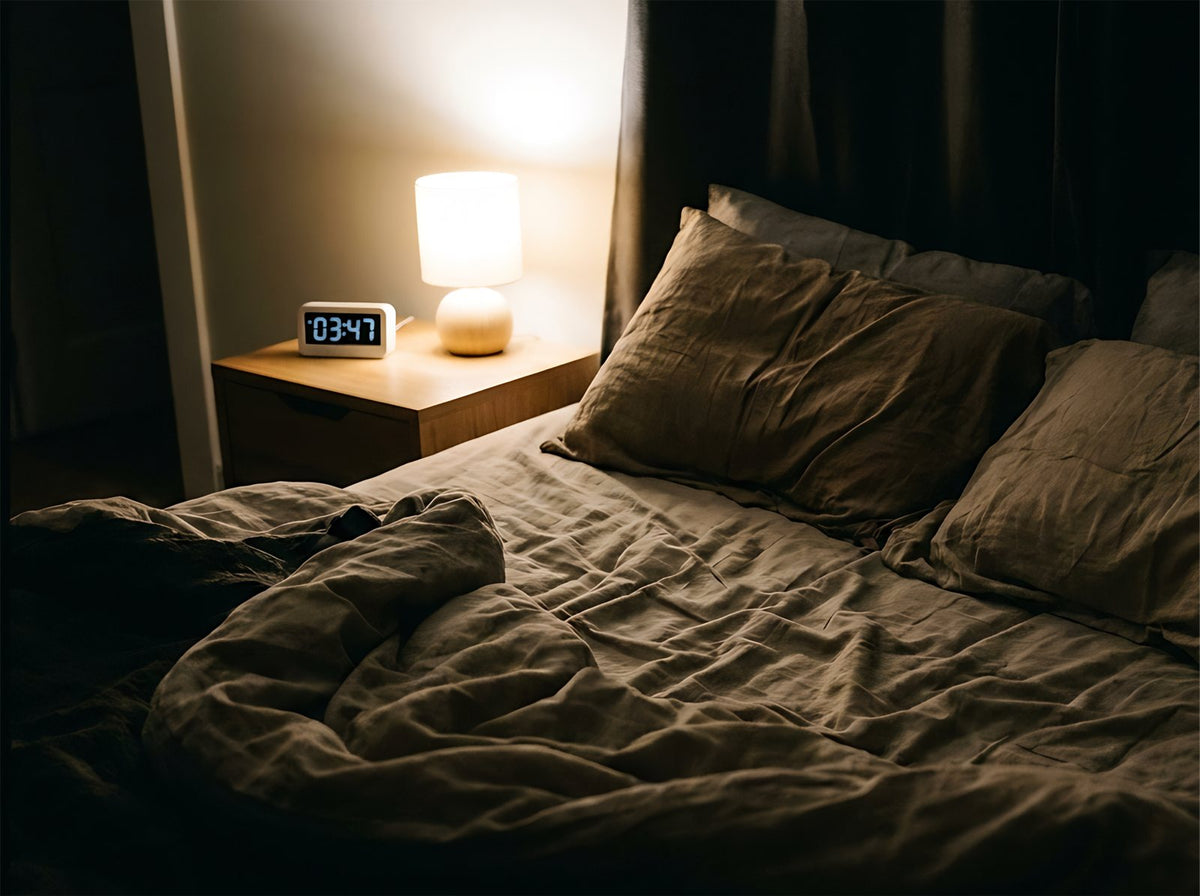 Leeres Bett im Dunkeln mit einem Wecker auf dem Nachttisch